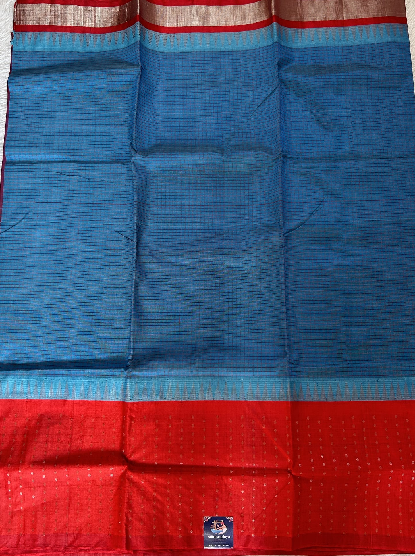 Venkatagiri Sico Saree Blue Colored Complemented with a Red Pattu Border. - Sampradaya Designer Studio