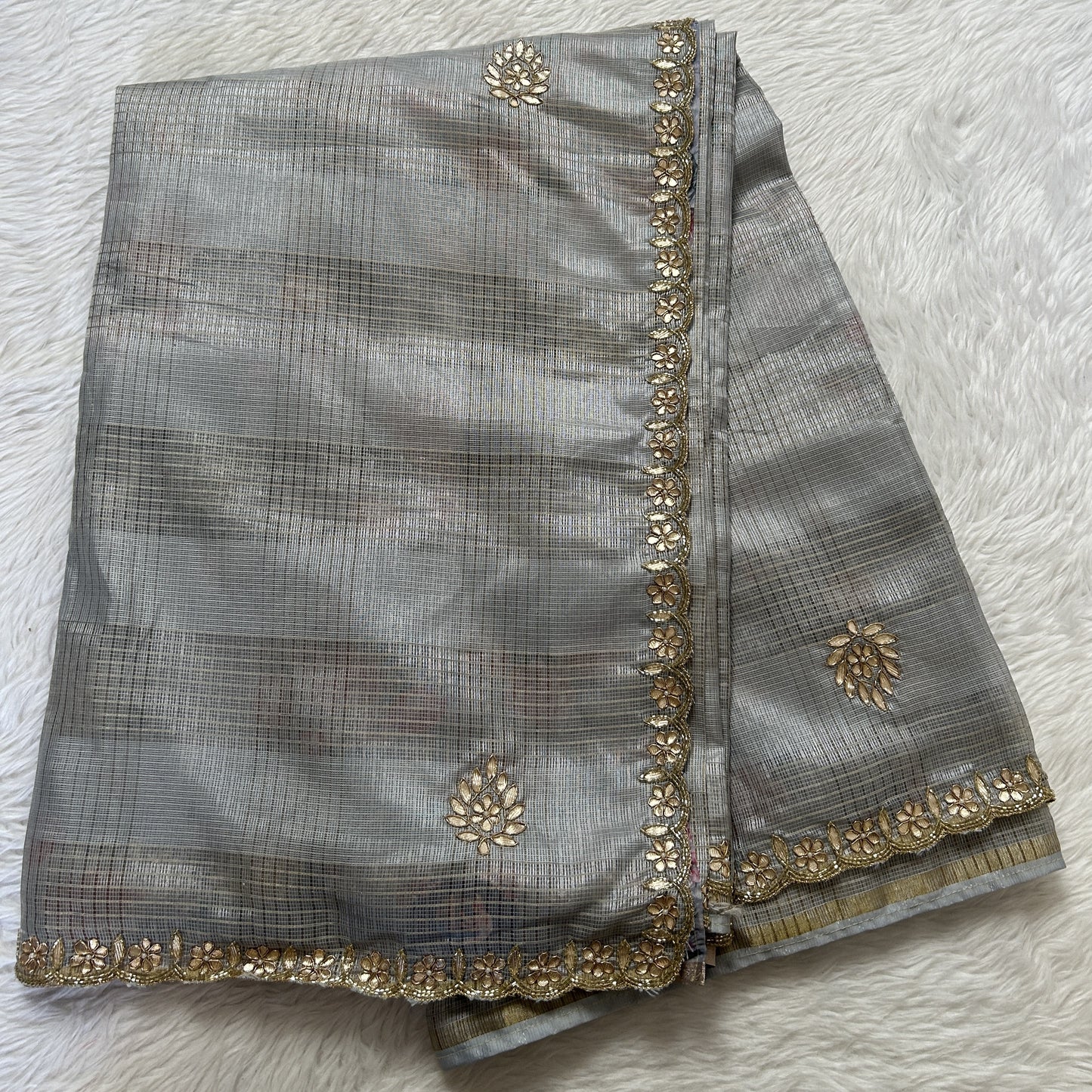 Silk kota Saree Gray colored Complemented with a Hand Embroidery Border. - Sampradaya Designer Studio