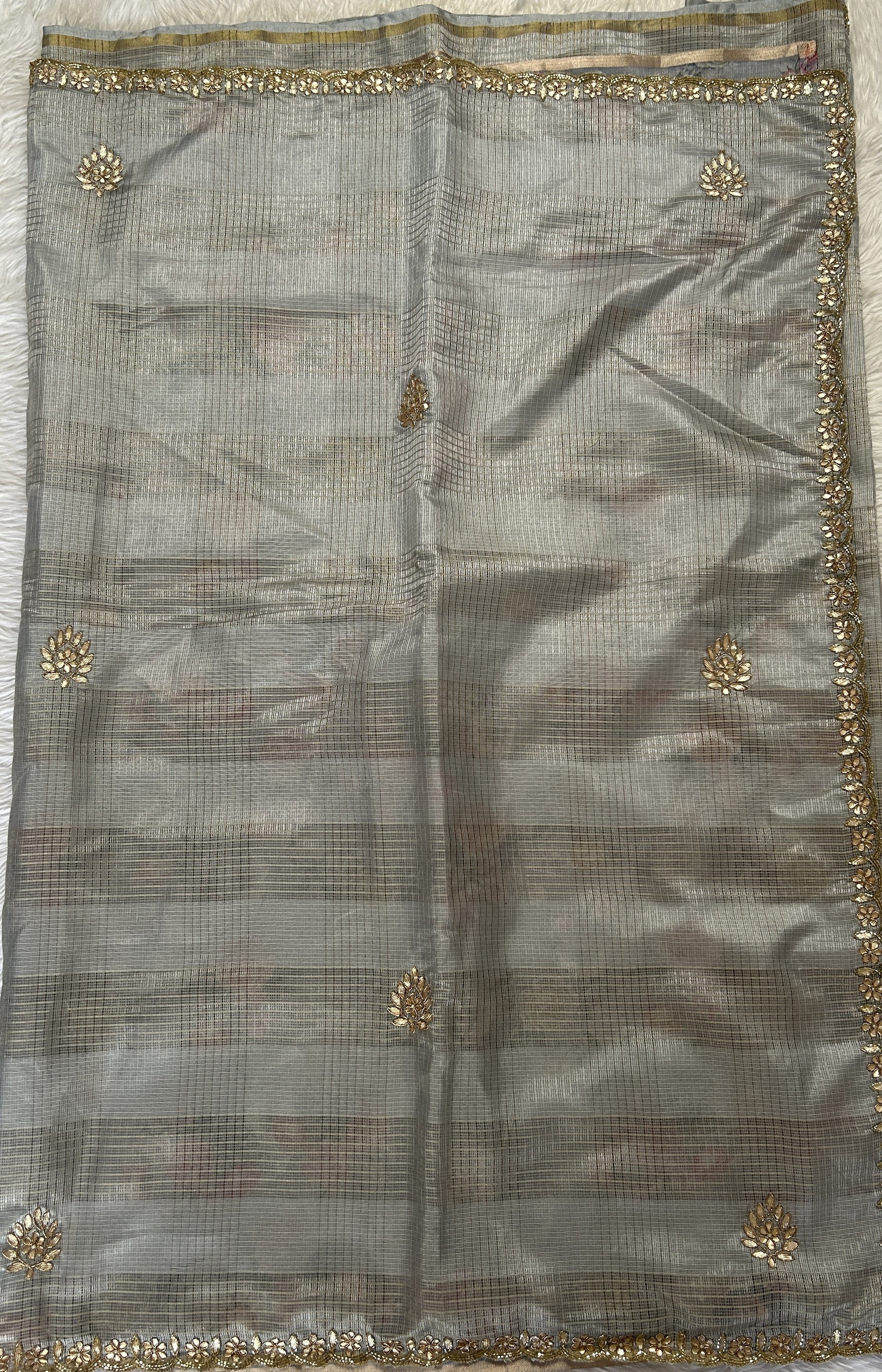 Silk kota Saree Gray colored Complemented with a Hand Embroidery Border. - Sampradaya Designer Studio