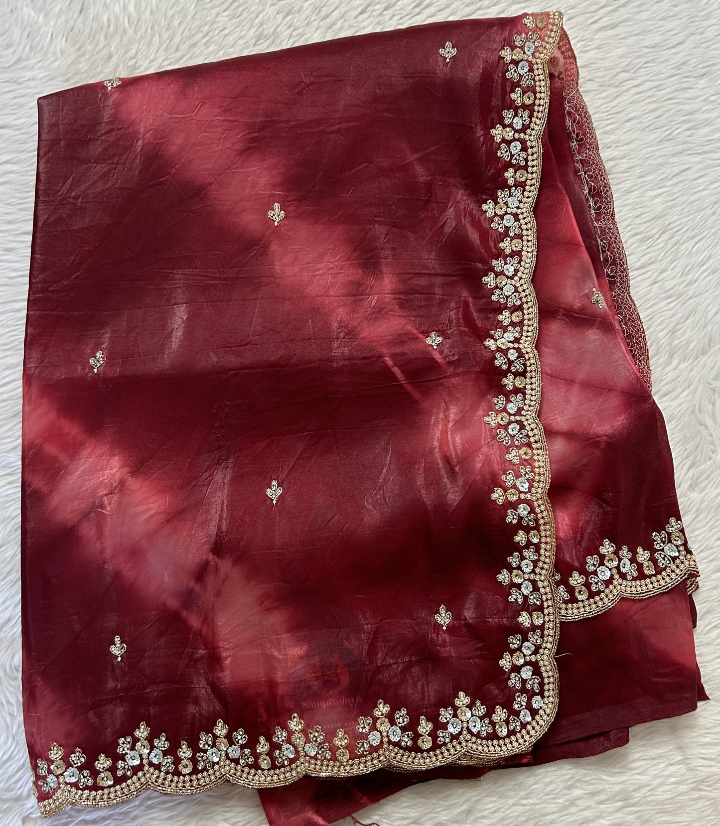 Inox Silk Saree Dark Maroon Colored Complemented with a Hand Embroidery Border. - Sampradaya Designer Studio