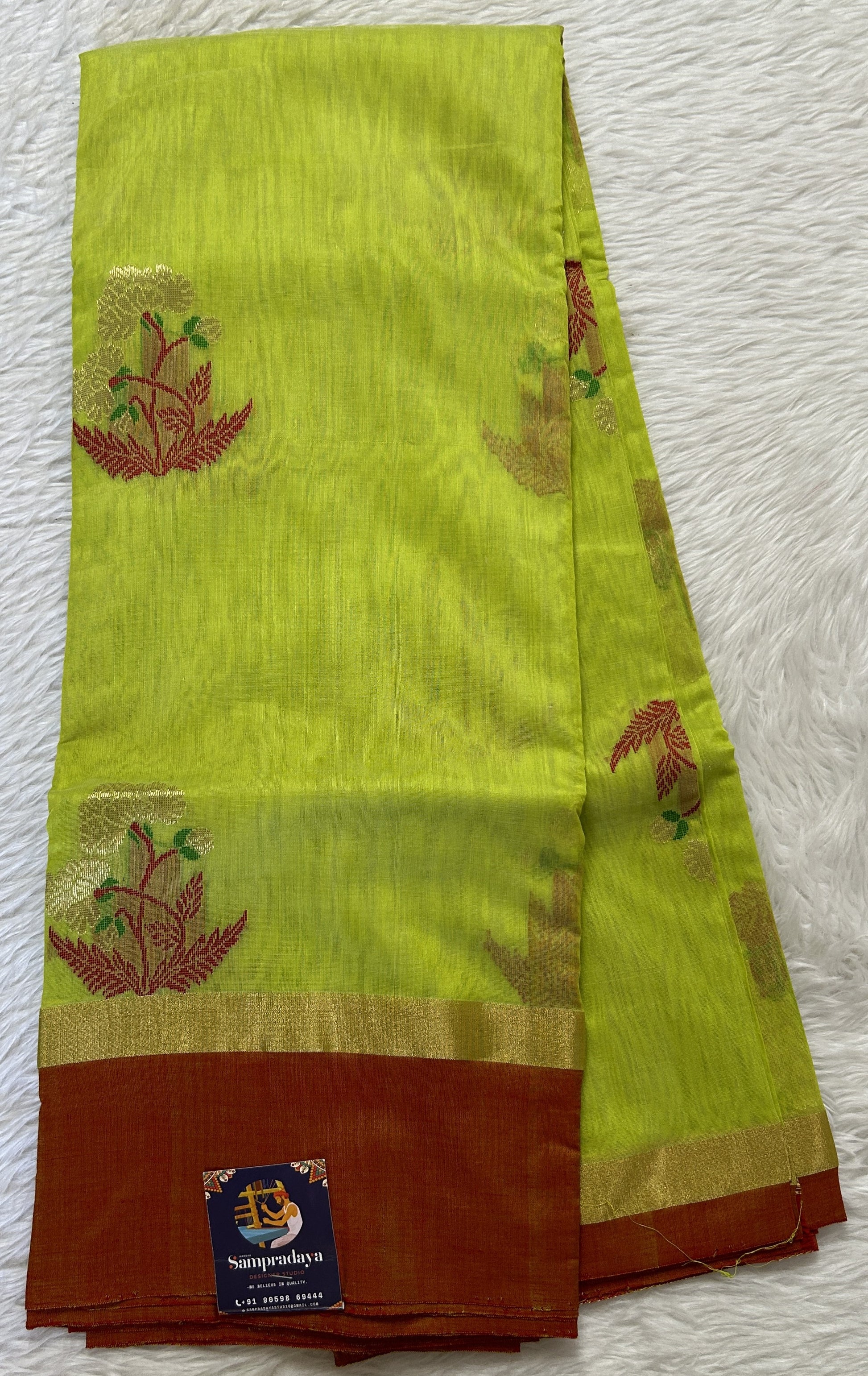 Chanderi Sico Saree Lime Green Colored Complemented with a Orange Zari Border. - Sampradaya Designer Studio