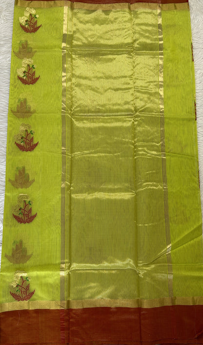 Chanderi Sico Saree Lime Green Colored Complemented with a Orange Zari Border. - Sampradaya Designer Studio