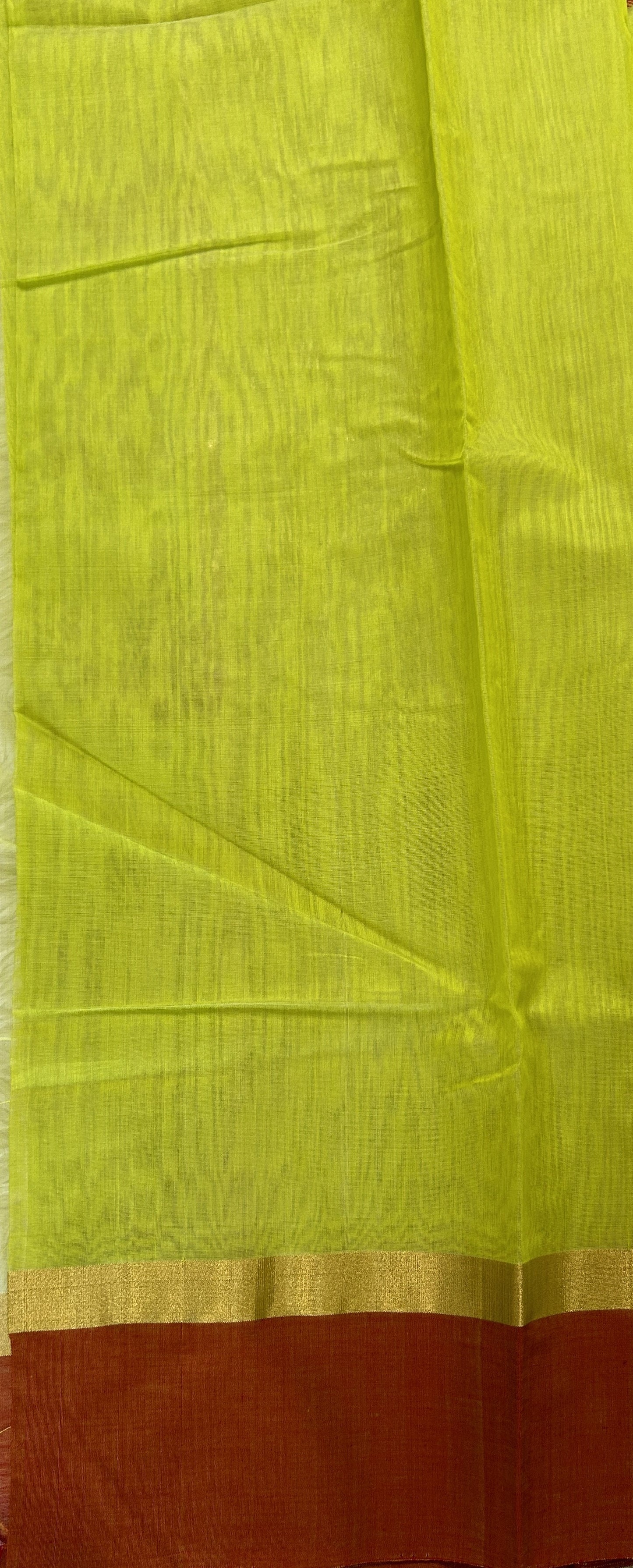 Chanderi Sico Saree Lime Green Colored Complemented with a Orange Zari Border. - Sampradaya Designer Studio