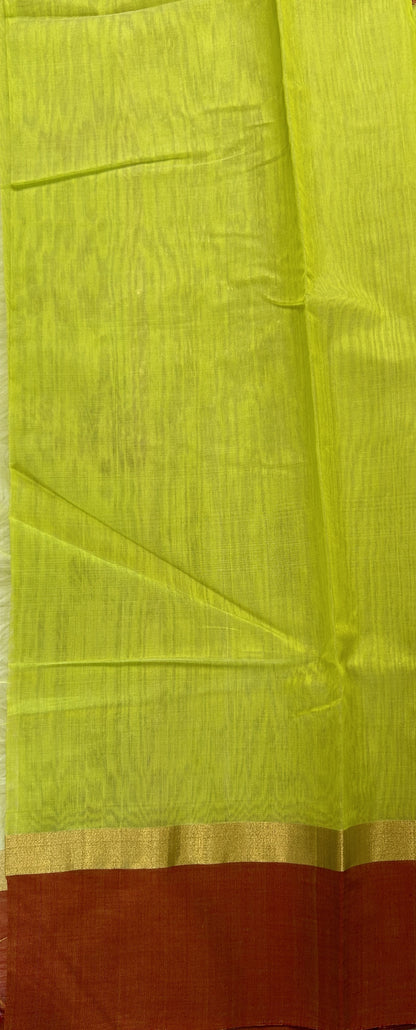 Chanderi Sico Saree Lime Green Colored Complemented with a Orange Zari Border. - Sampradaya Designer Studio