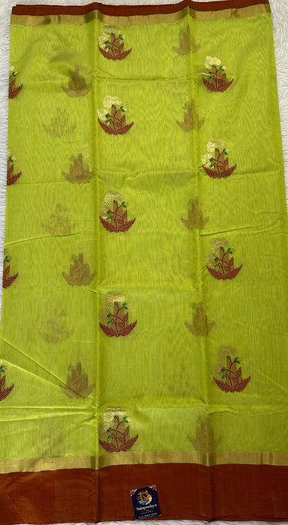 Chanderi Sico Saree Lime Green Colored Complemented with a Orange Zari Border. - Sampradaya Designer Studio