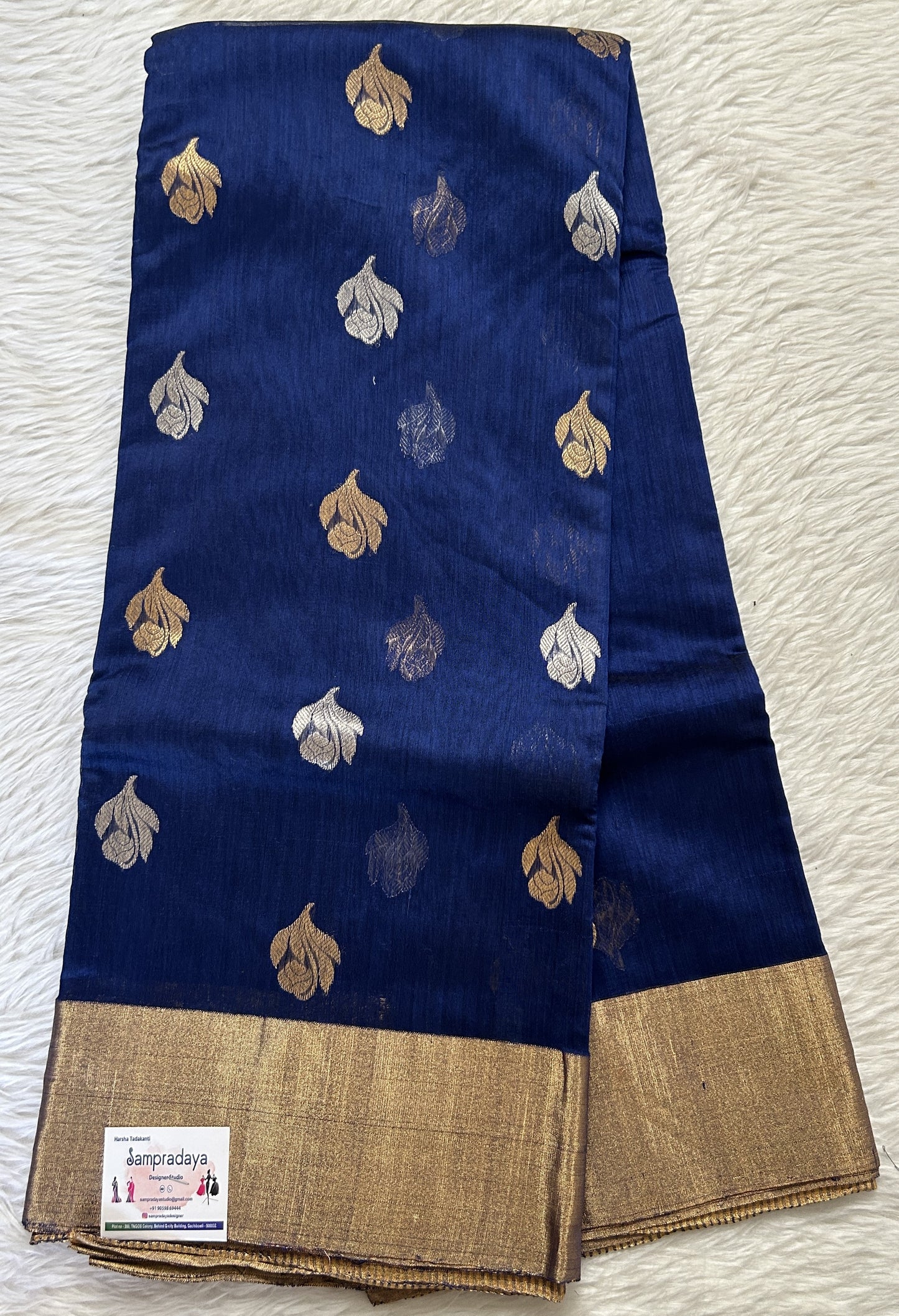 Chanderi Sico Saree Peacock Blue Colored Complemented with a Zari Border. - Sampradaya Designer Studio