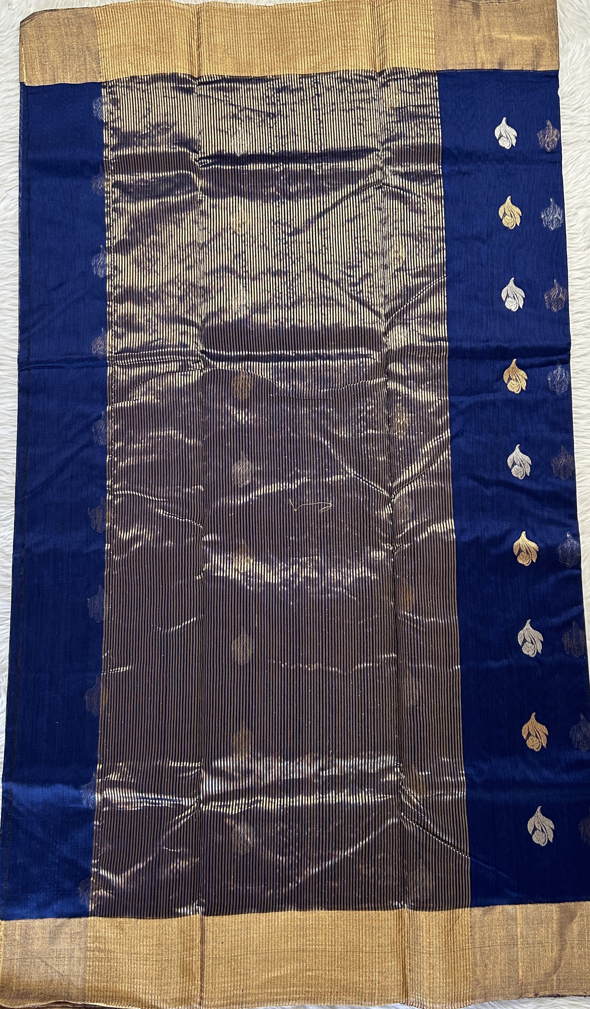 Chanderi Sico Saree Peacock Blue Colored Complemented with a Zari Border. - Sampradaya Designer Studio