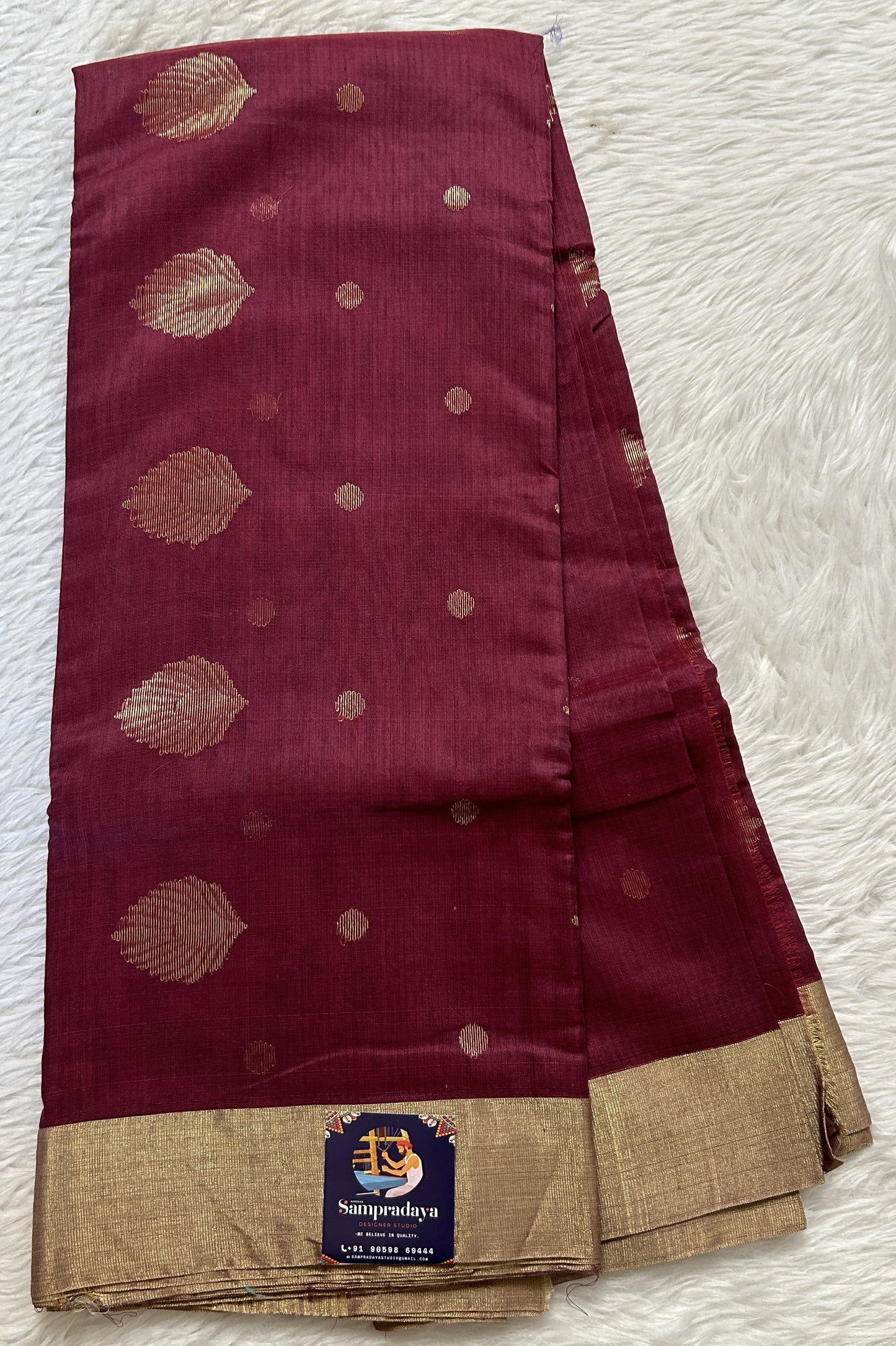 Chanderi Sico Saree Burgundy Colored Complemented with a Zari Border. - Sampradaya Designer Studio