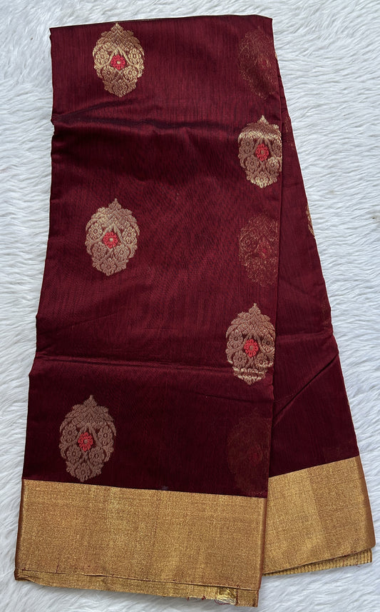 Chanderi Sico Saree Dark Maroon Colored Complemented with a Zari Border. - Sampradaya Designer Studio