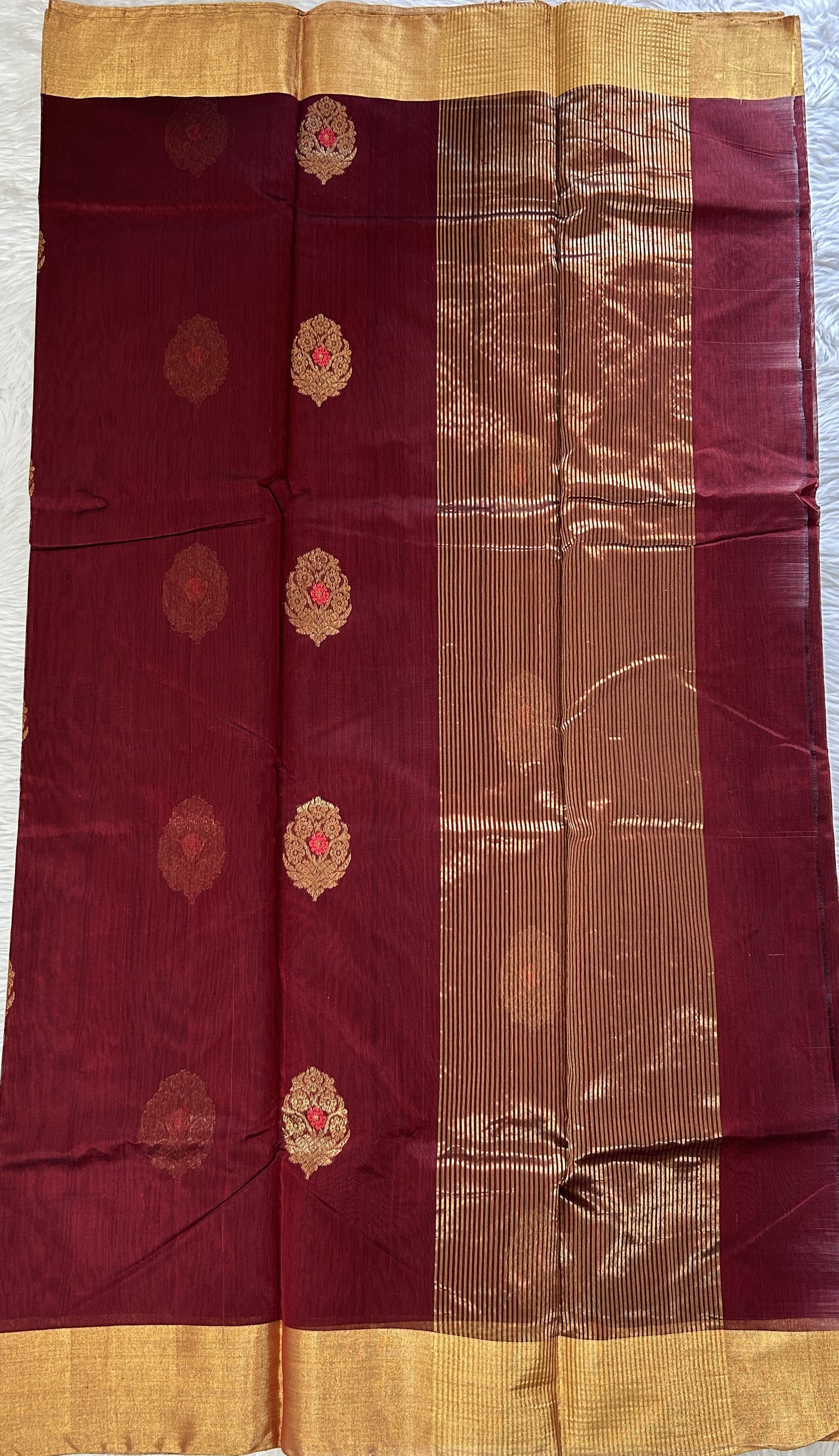 Chanderi Sico Saree Dark Maroon Colored Complemented with a Zari Border. - Sampradaya Designer Studio