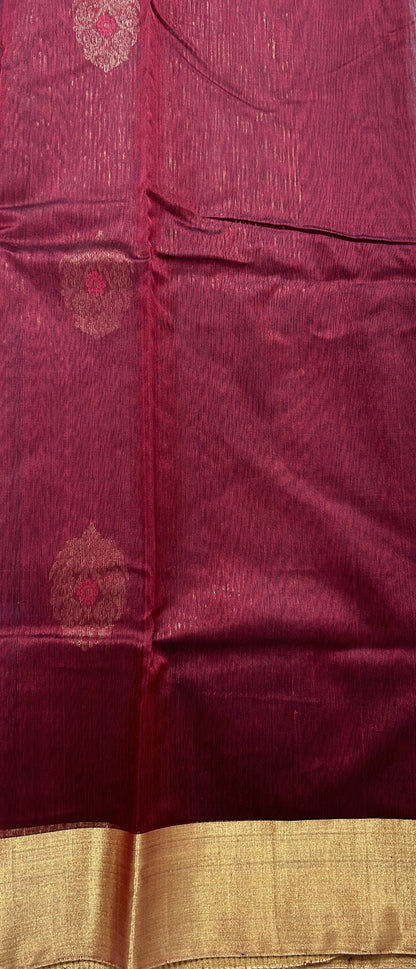 Chanderi Sico Saree Dark Maroon Colored Complemented with a Zari Border. - Sampradaya Designer Studio