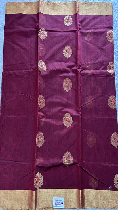 Chanderi Sico Saree Dark Maroon Colored Complemented with a Zari Border. - Sampradaya Designer Studio