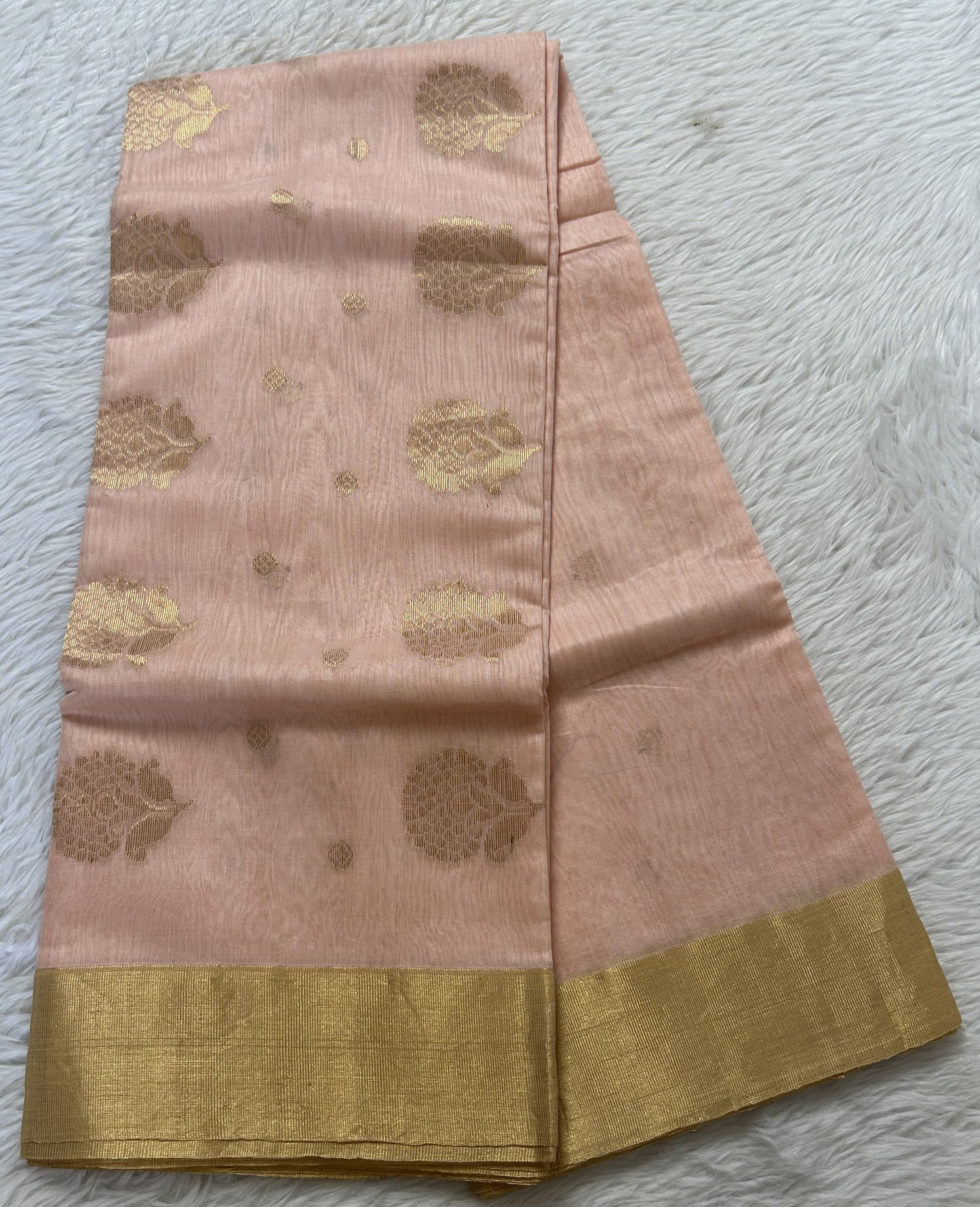 Chanderi Sico Saree Coral Colored Complemented with a Zari Border. - Sampradaya Designer Studio