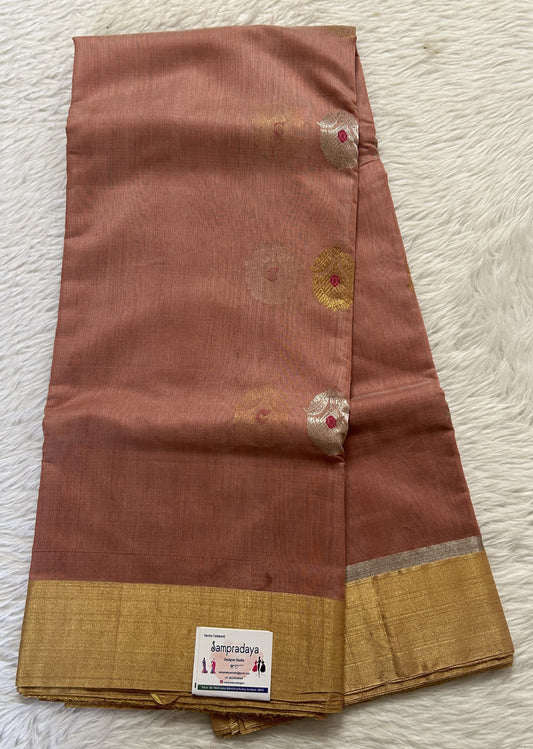 Chanderi Sico Saree Dark Peach Colored Complemented with a Zari Border. - Sampradaya Designer Studio