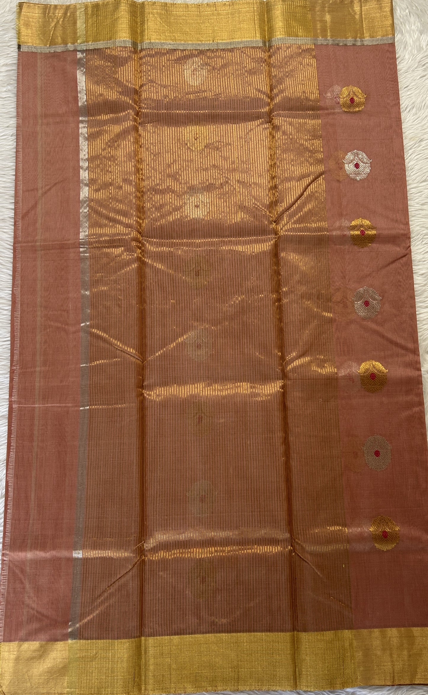 Chanderi Sico Saree Dark Peach Colored Complemented with a Zari Border. - Sampradaya Designer Studio