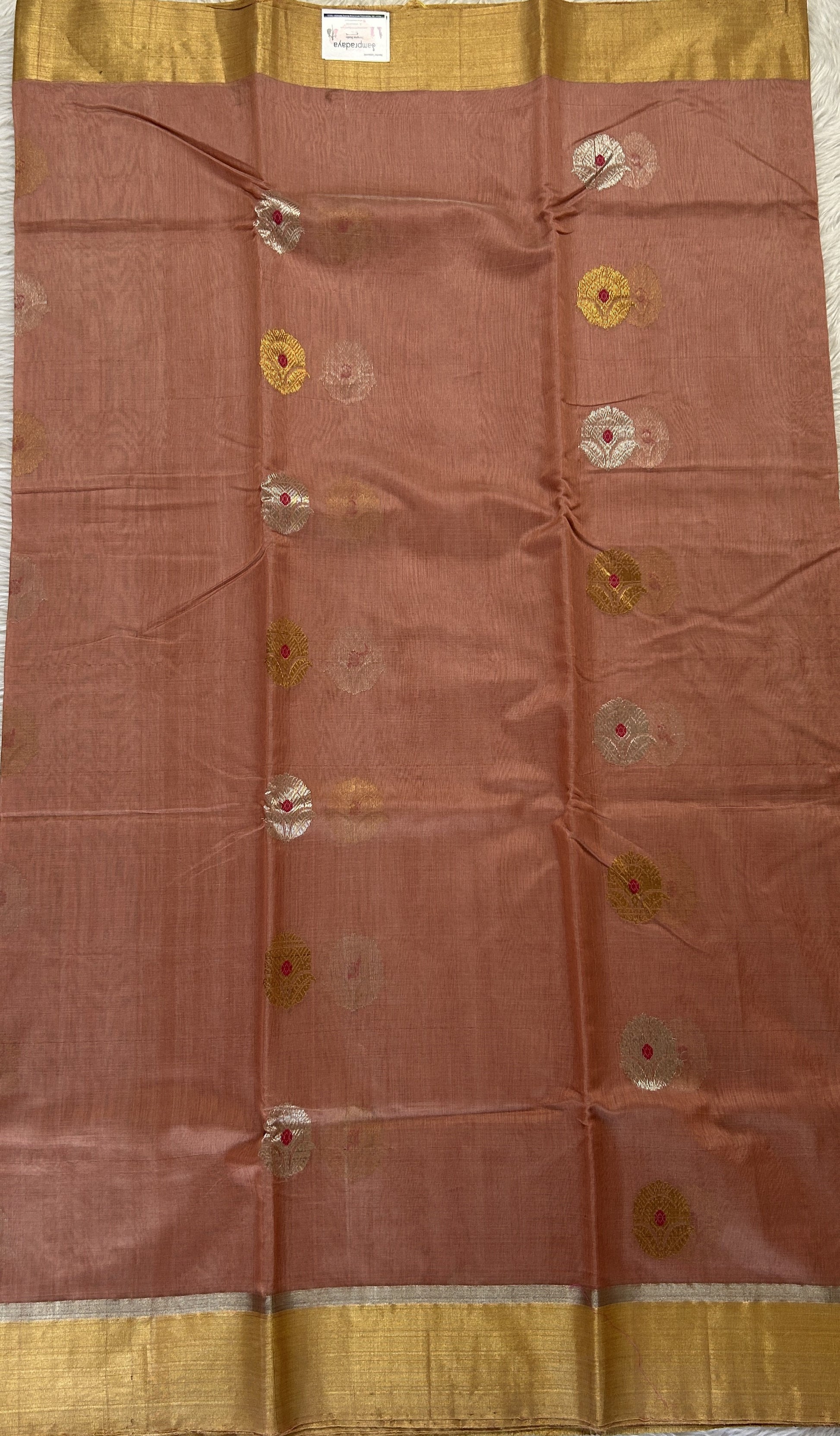 Chanderi Sico Saree Dark Peach Colored Complemented with a Zari Border. - Sampradaya Designer Studio