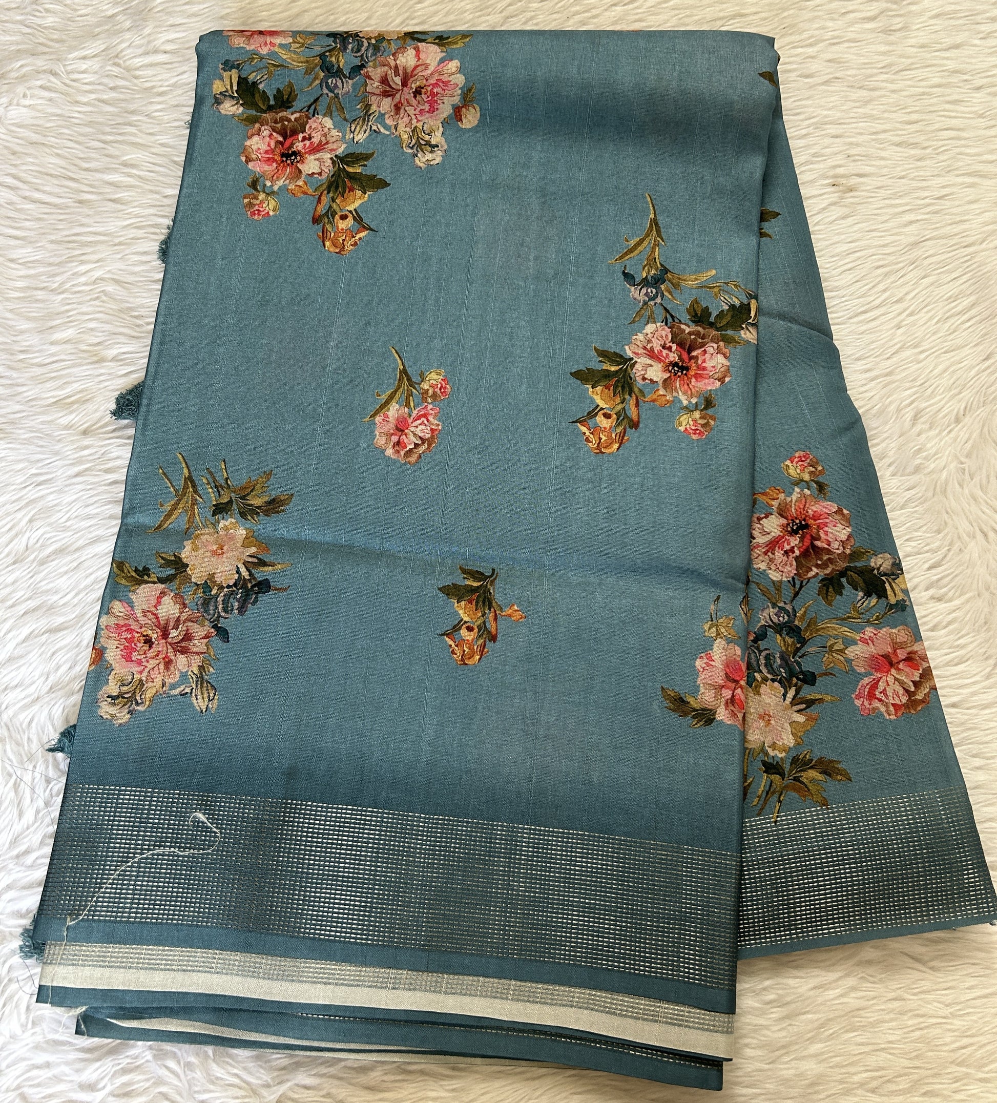 Semi Tussar Saree Pastel Blue Color Complemented with a Zari Border. - Sampradaya Designer Studio