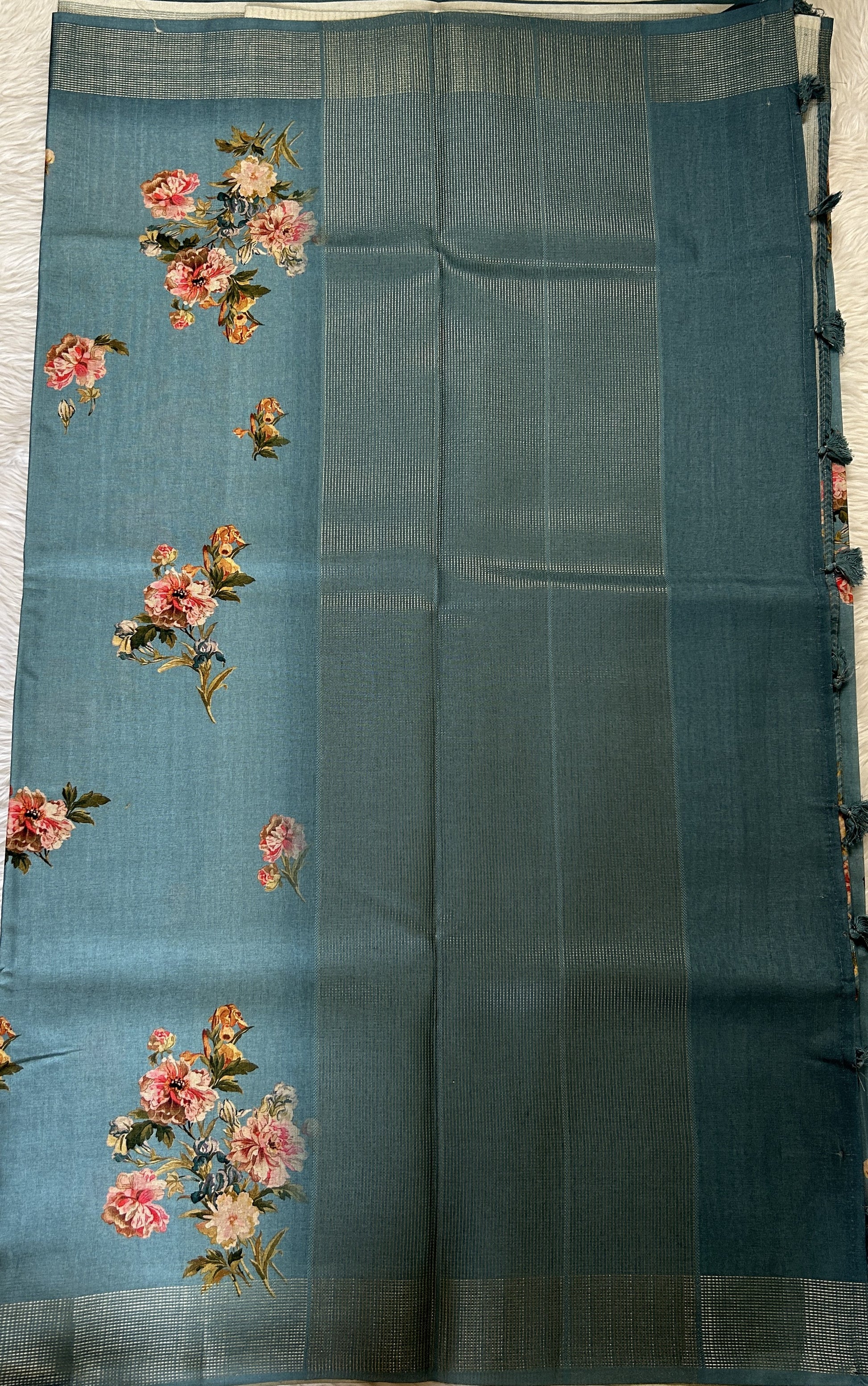 Semi Tussar Saree Pastel Blue Color Complemented with a Zari Border. - Sampradaya Designer Studio