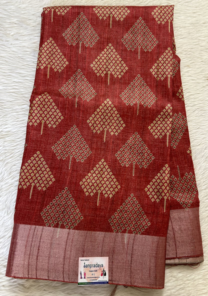 Semi Tussar Saree Maroon Color Complemented with a Zari Border. - Sampradaya Designer Studio