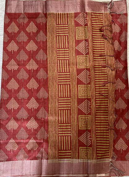 Semi Tussar Saree Maroon Color Complemented with a Zari Border. - Sampradaya Designer Studio