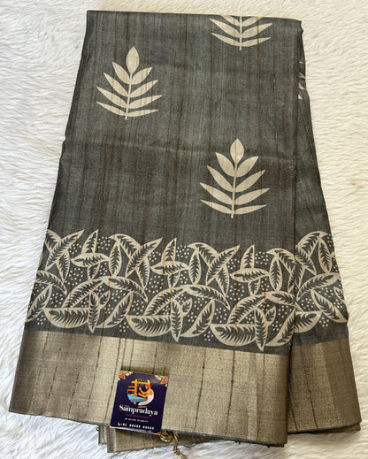 Semi Tussar Saree Gray Color Complemented with a Zari Border. - Sampradaya Designer Studio