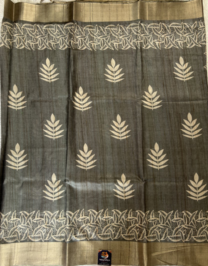 Semi Tussar Saree Gray Color Complemented with a Zari Border. - Sampradaya Designer Studio