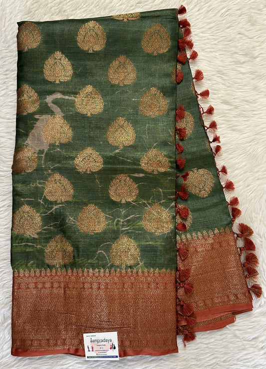 Semi Tussar Saree Green Color Complemented with a Rust Zari Border. - Sampradaya Designer Studio