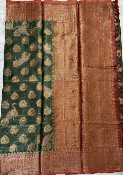 Semi Tussar Saree Green Color Complemented with a Rust Zari Border. - Sampradaya Designer Studio