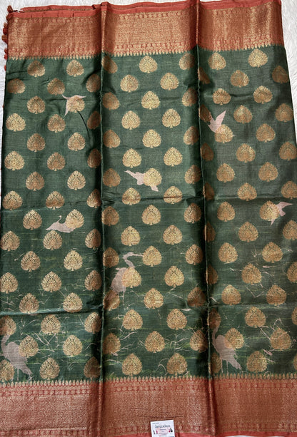 Semi Tussar Saree Green Color Complemented with a Rust Zari Border. - Sampradaya Designer Studio