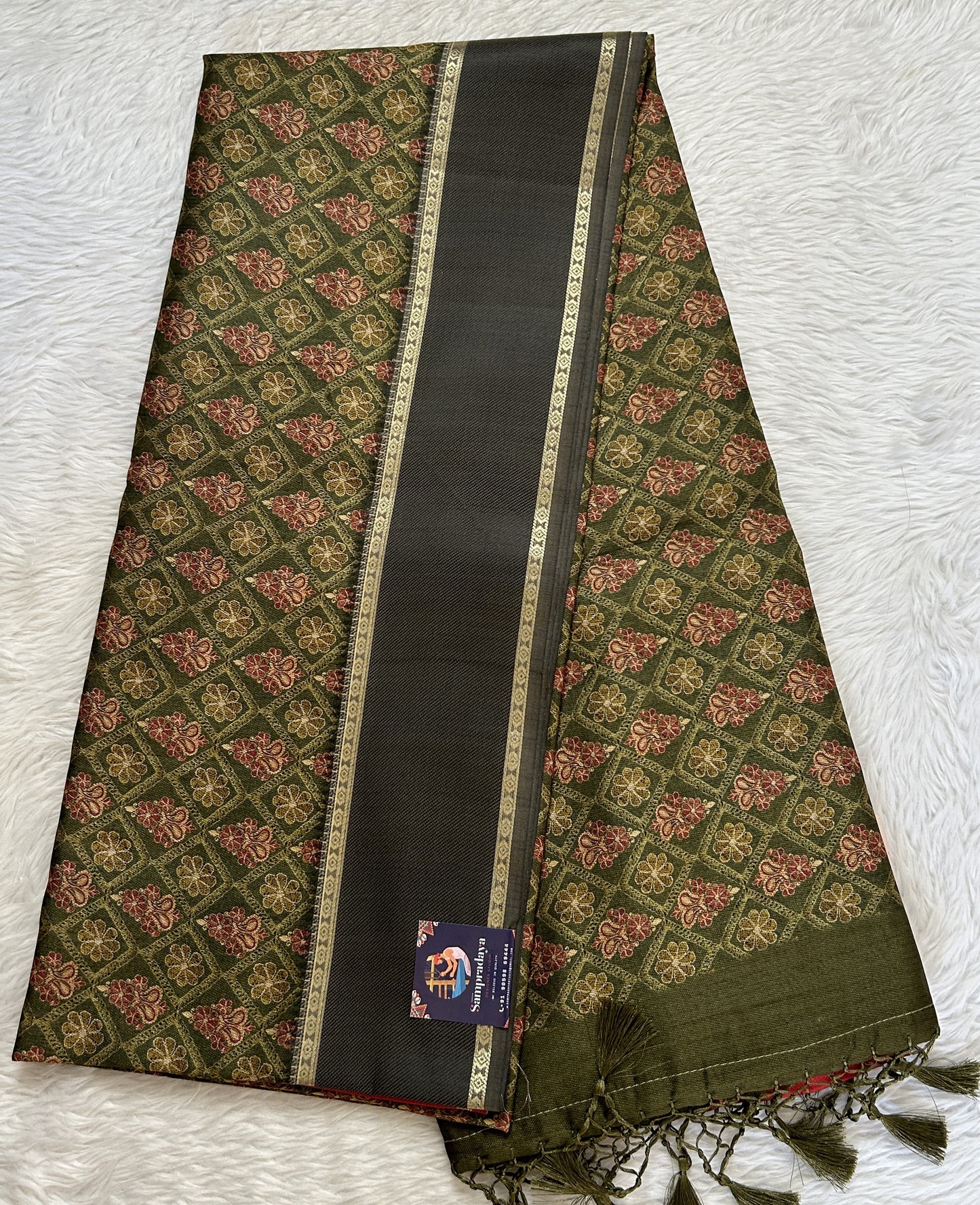 Semi Tussar Saree Green Color Complemented with a Maroon and Gray Plain Border. - Sampradaya Designer Studio