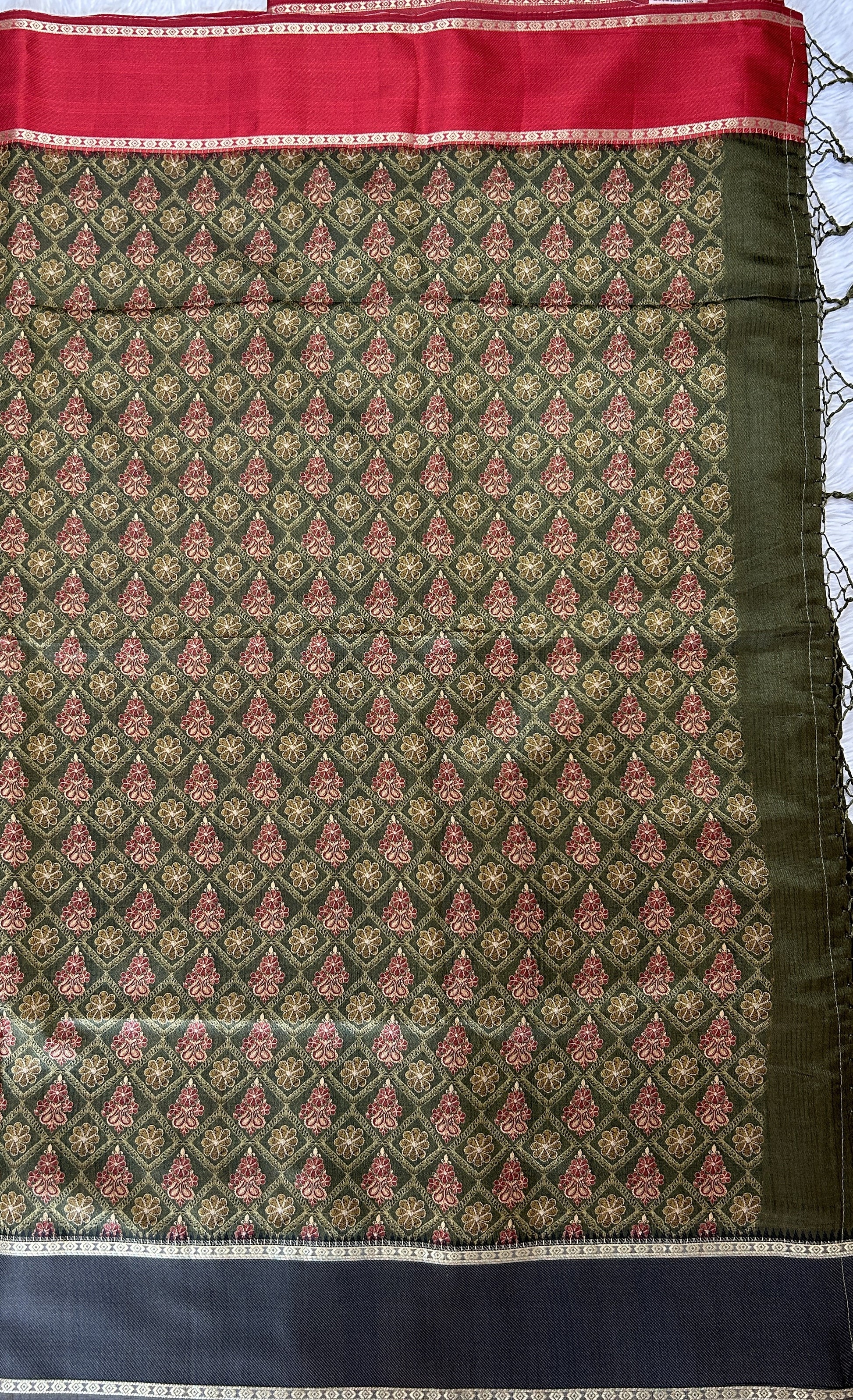 Semi Tussar Saree Green Color Complemented with a Maroon and Gray Plain Border. - Sampradaya Designer Studio