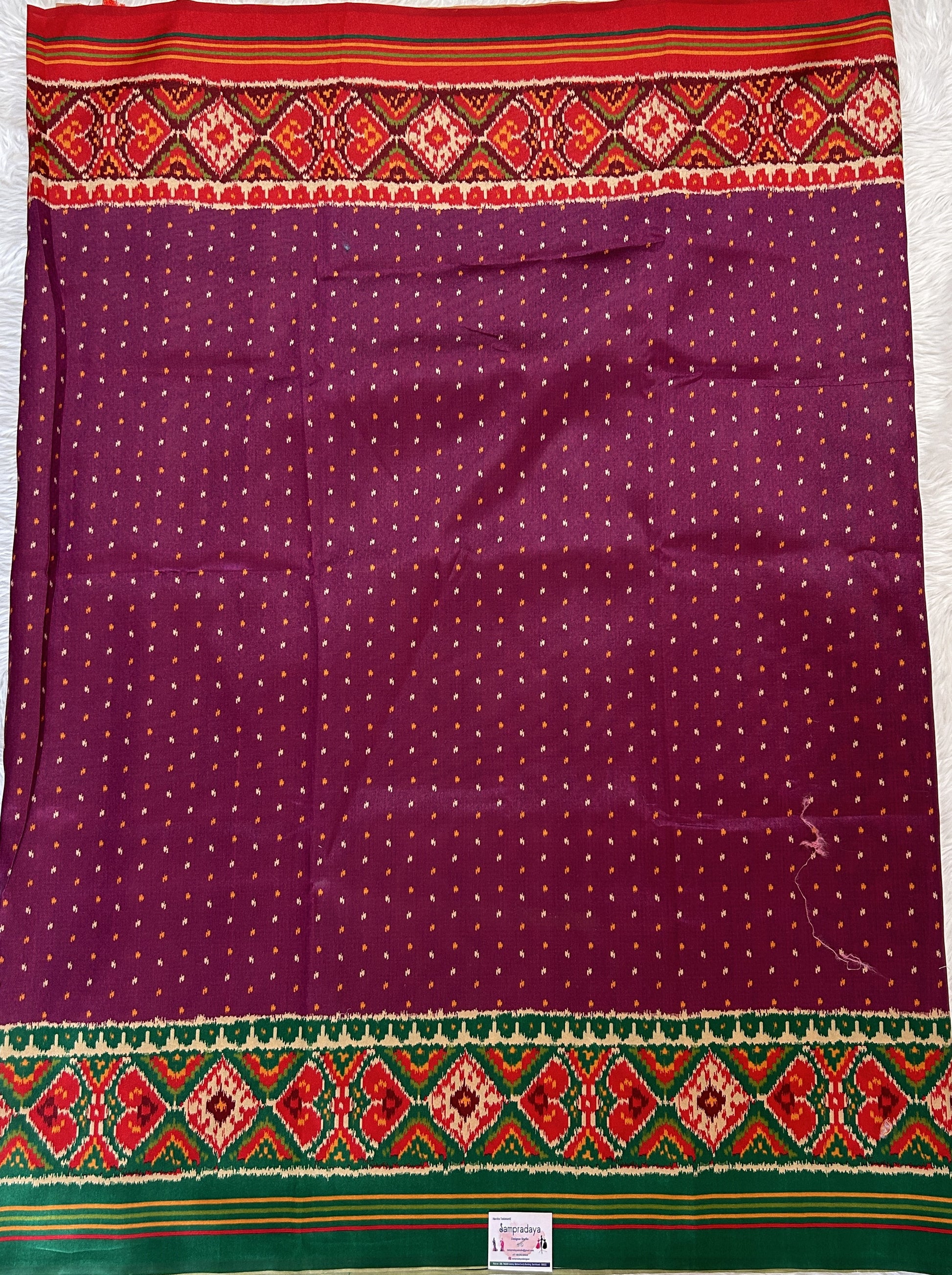 Semi Tussar Saree Purple Color Complemented with a Green and Red Ikkat Border. - Sampradaya Designer Studio