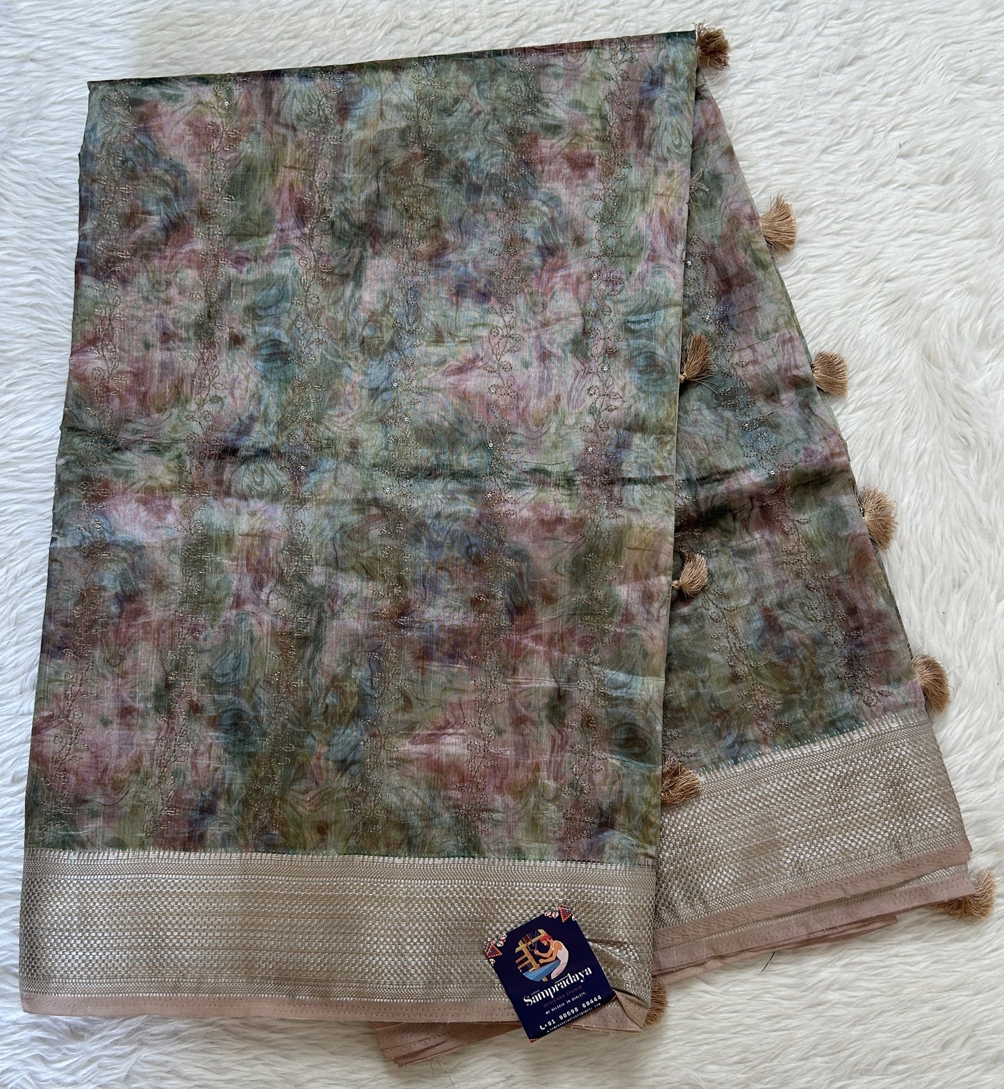 Semi Tussar Saree Multi Color Complemented with a Beige Zari Border. - Sampradaya Designer Studio