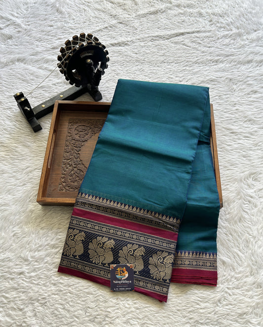 Narayanpet Cotton Saree Peacock Blue Colored Complemented with a Peacock Border.