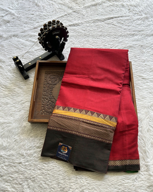 Narayanpet Cotton Saree Dark Red Colored Complemented with a Double Border.