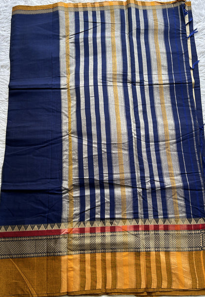 Narayanpet Cotton Saree Ink Blue Colored Complemented with a Double Thread Border.