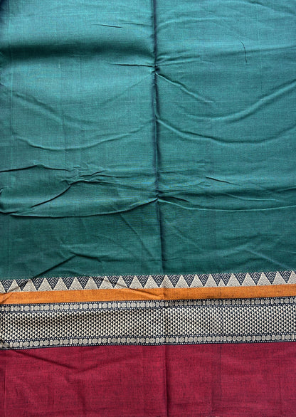 Narayanpet Cotton Saree Dark Green Colored Complemented with a Double Border.