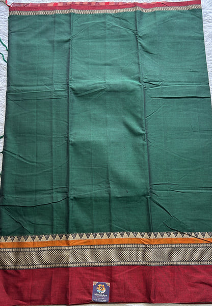 Narayanpet Cotton Saree Dark Green Colored Complemented with a Double Border.