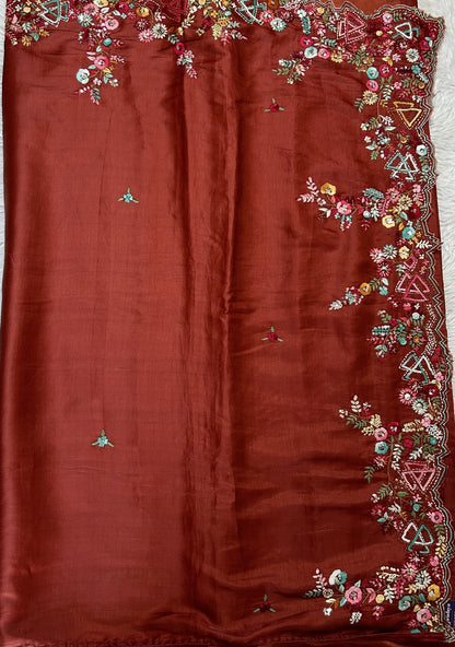 Semi Tussar Designer Saree Rust colored complemented with a Hand Embroidery border. - Sampradaya Designer Studio