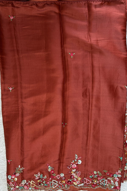 Semi Tussar Designer Saree Rust colored complemented with a Hand Embroidery border. - Sampradaya Designer Studio