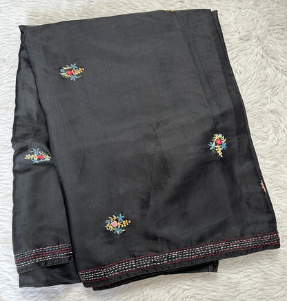 Semi Tussar Designer Saree Black colored complemented with a Running Stich Embroidery border. - Sampradaya Designer Studio