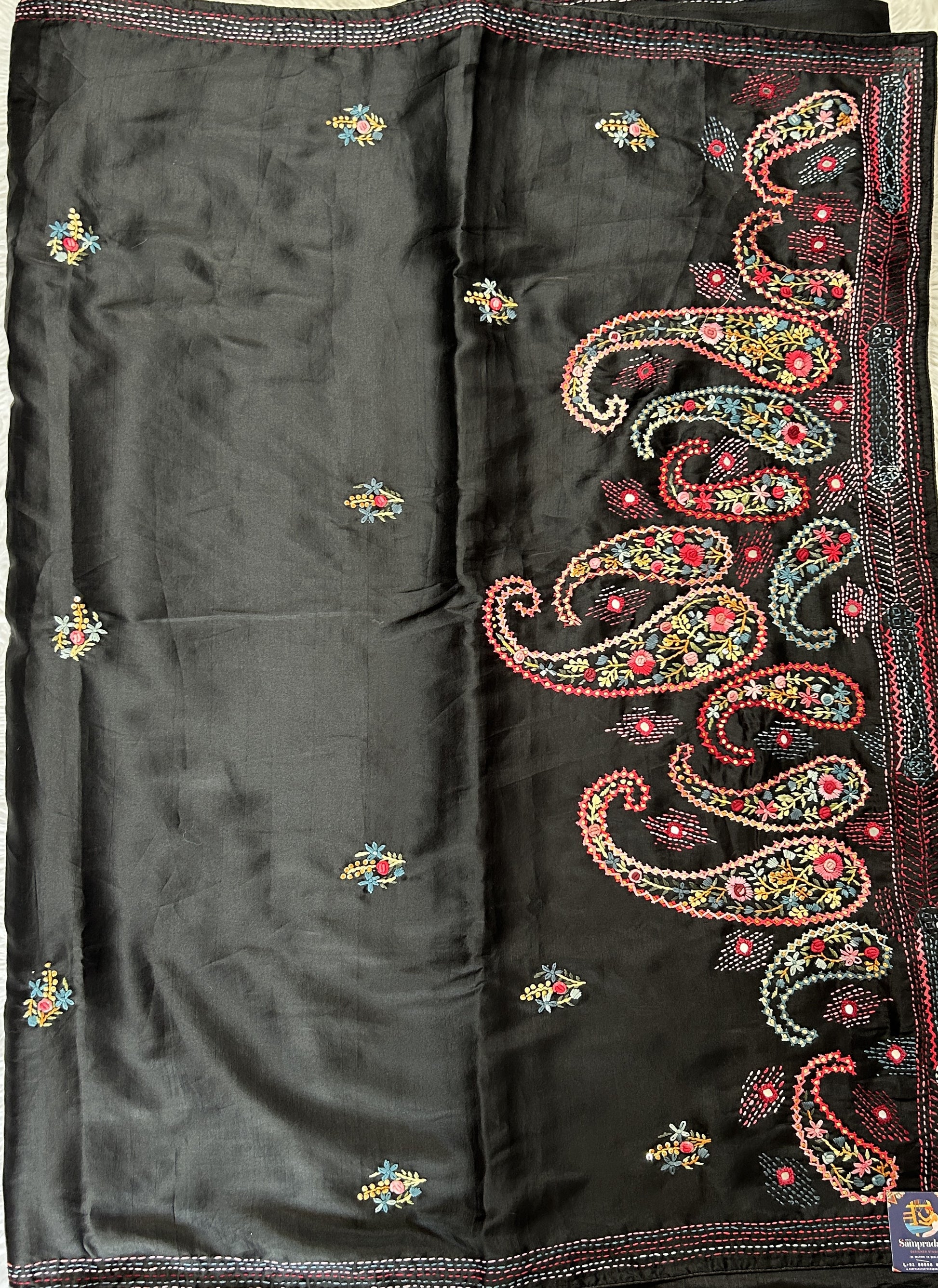 Semi Tussar Designer Saree Black colored complemented with a Running Stich Embroidery border. - Sampradaya Designer Studio