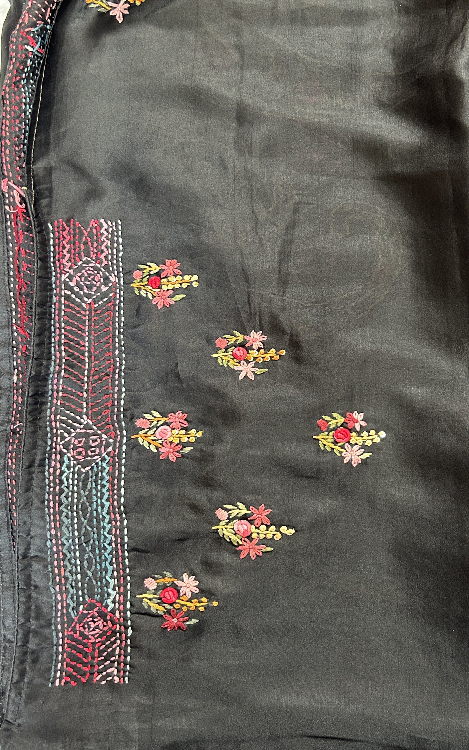 Semi Tussar Designer Saree Black colored complemented with a Running Stich Embroidery border. - Sampradaya Designer Studio