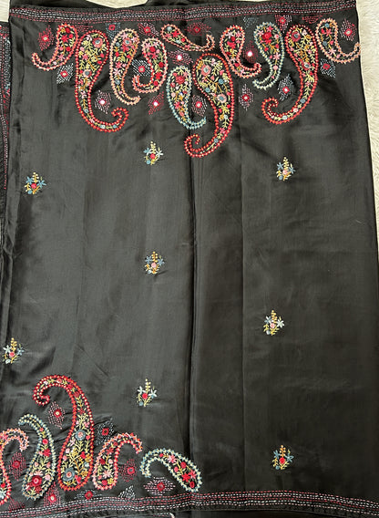 Semi Tussar Designer Saree Black colored complemented with a Running Stich Embroidery border. - Sampradaya Designer Studio