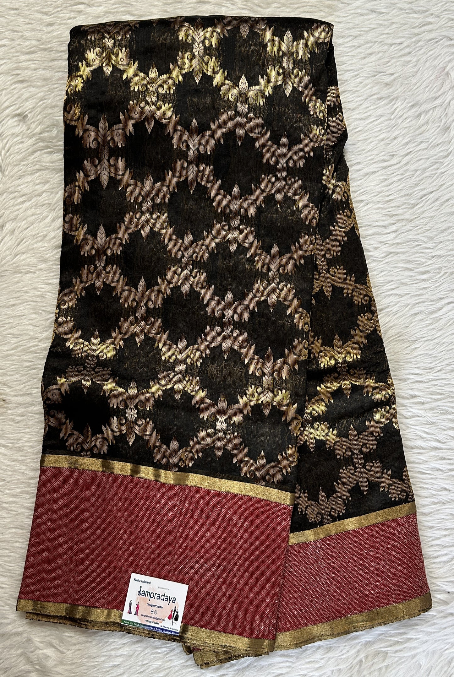 Chanderi Silk Saree Black Colored Complemented with a Maroon Zari Border - Sampradaya Designer Studio