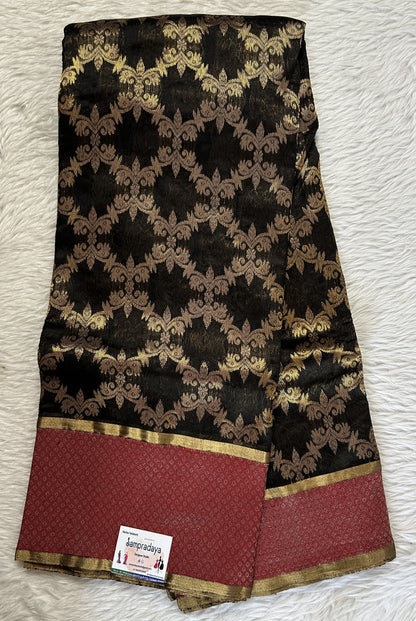 Chanderi Silk Saree Black Colored Complemented with a Maroon Zari Border - Sampradaya Designer Studio