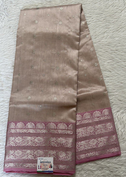 Chanderi Silk Saree Light Peach Colored Complemented with a Baby Pink Zari Border - Sampradaya Designer Studio