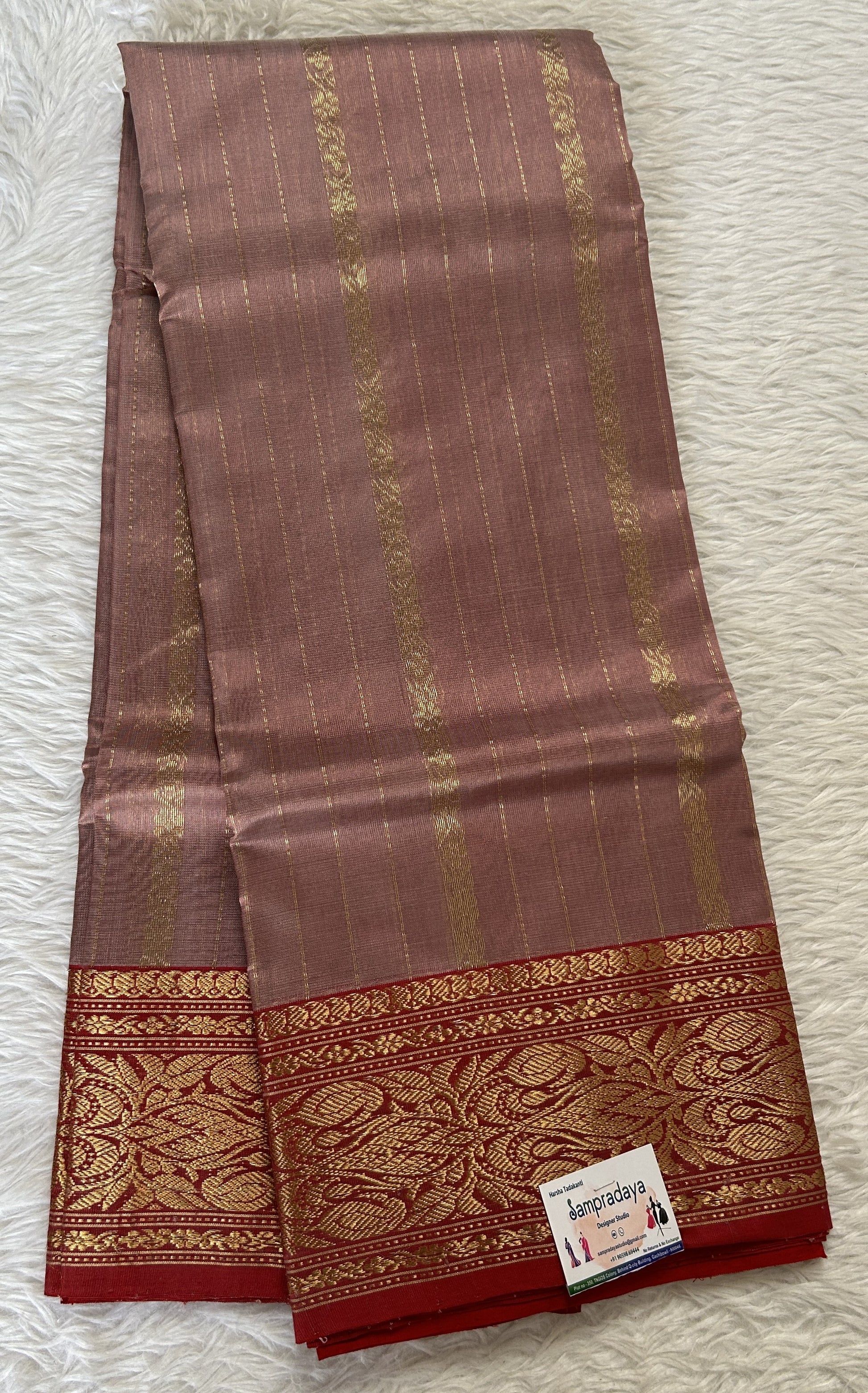 Chanderi Silk Saree Light Mauve Colored Complemented with a Maroon Zari Border - Sampradaya Designer Studio