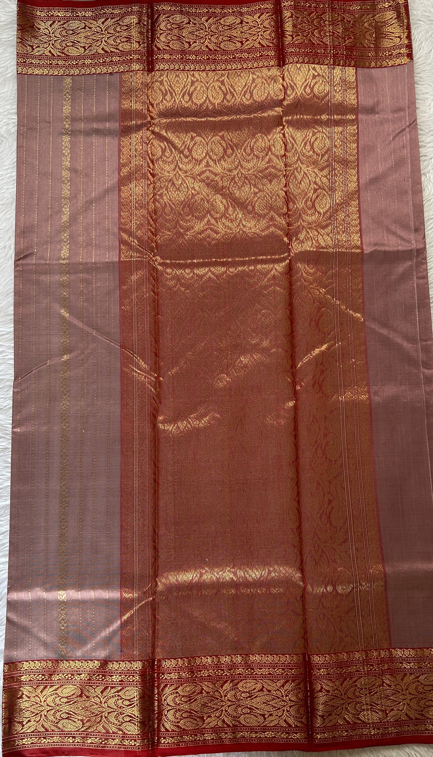 Chanderi Silk Saree Light Mauve Colored Complemented with a Maroon Zari Border - Sampradaya Designer Studio