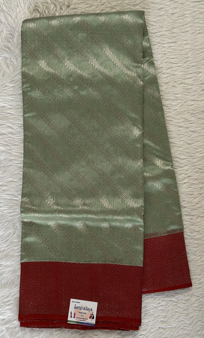 Chanderi Silk Saree Sea Green Colored Complemented with a Maroon Zari Border - Sampradaya Designer Studio